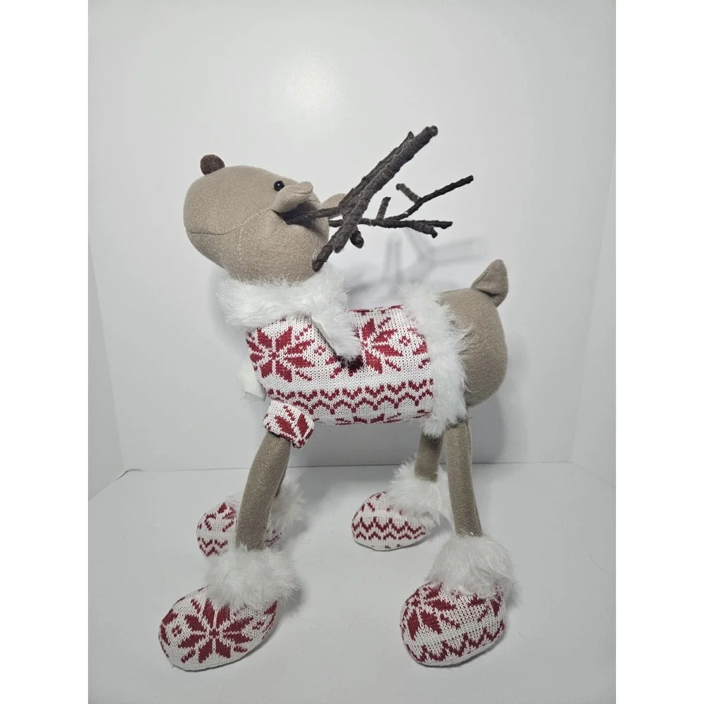 Christmas Plush Reindeer Figurine Pair Nordic Sweater Fair Isle Holiday Decor